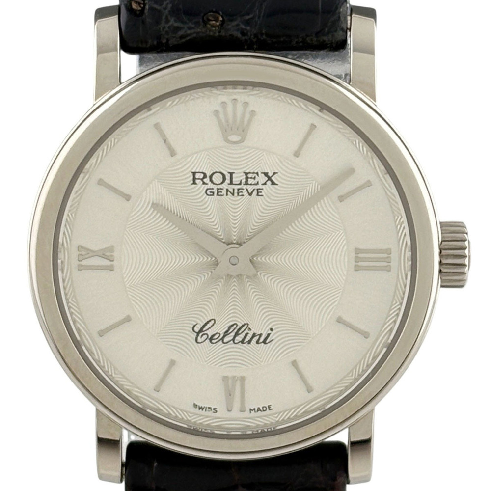 Rolex Cellini 6110 9 Watch, White Gold, Leather Strap, Quartz, Silver, Ladies'